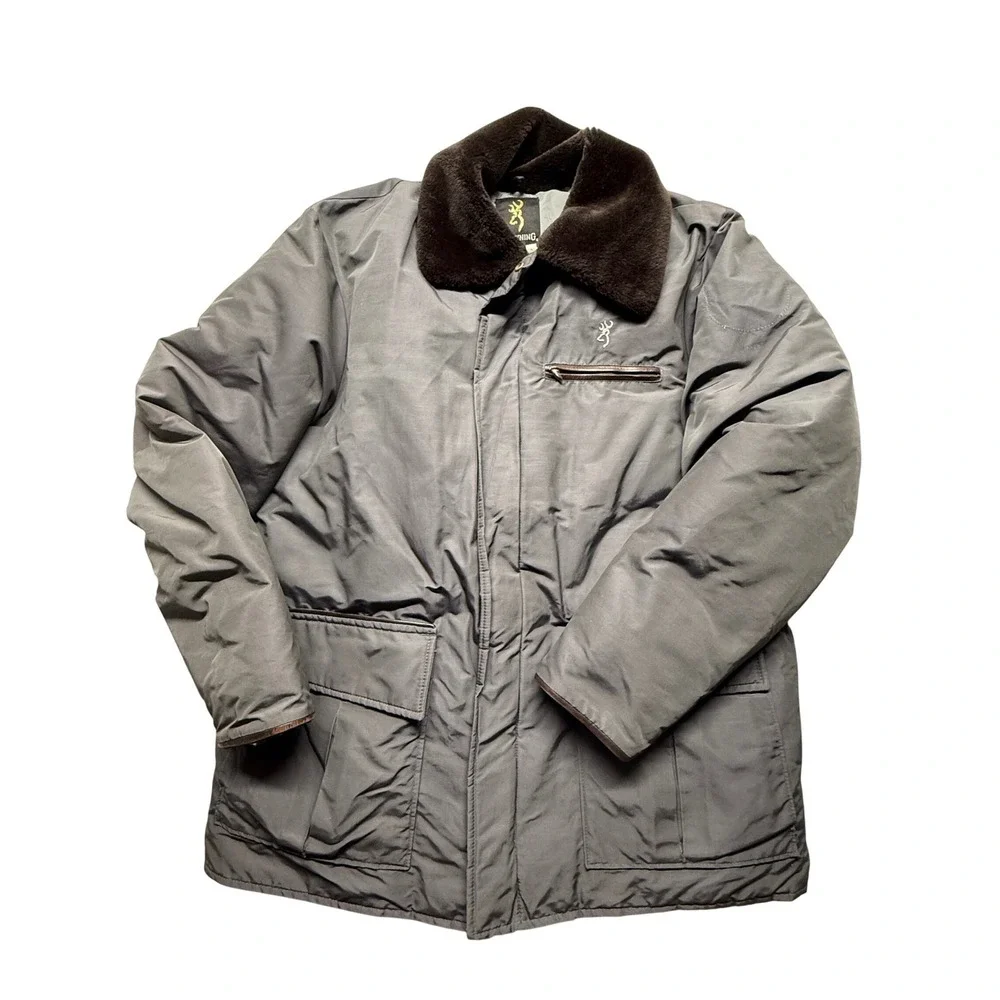 Vintage Browning Down Filled Parka Jacket Fur‎ Collar Mens Large Gray Brown